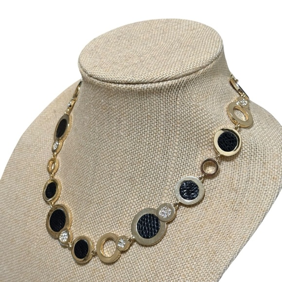 Anne Klein Gold Tone Circle Necklace Black Rhinestone Statement 16.5" - Picture 2 of 5